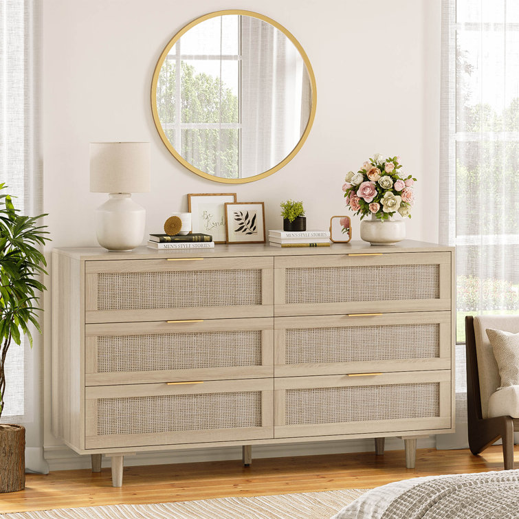 Bay Isle Home Aimara 51" Rattan 6 Drawer Dresser for Bedroom, Boho Wood ...